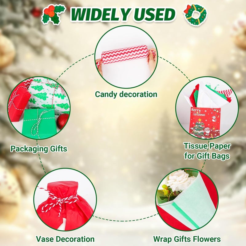 Alotpower 130 Sheets Christmas Tissue Paper, Christmas Gift Wrapping Paper Sheets 19.6 x 13.7 Inch,5 Festive Designs (Red,Green,White,Stripe,Xmas Tree) for Gift Bags, Xmas Presents,DIY Crafts & Party Decoration - Image 5
